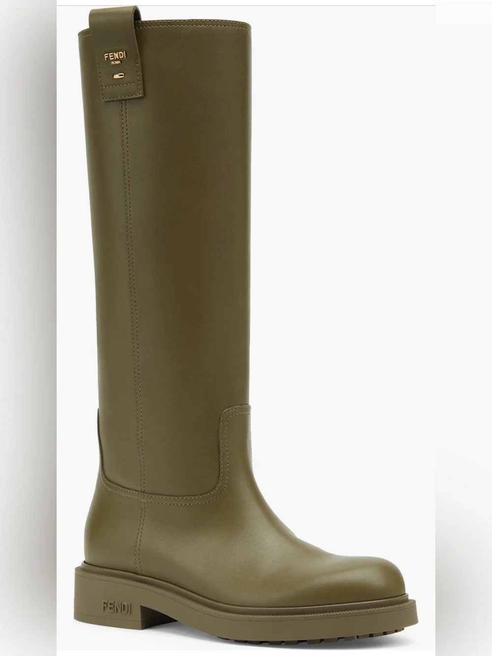Fendi Filo Olive Green knee High Leather Boots with Gold Accents Size 35.5